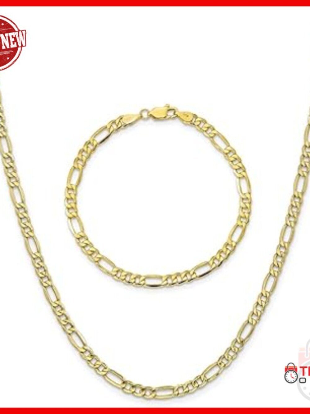 10K Gold Figaro Chain Bracelet & Necklace Set 8" Lobster Clasp